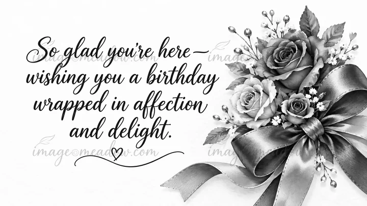 Black-and-white birthday greeting artwork with flowing handwritten script reading “So glad you're here—wishing you a birthday wrapped in affection and delight.”