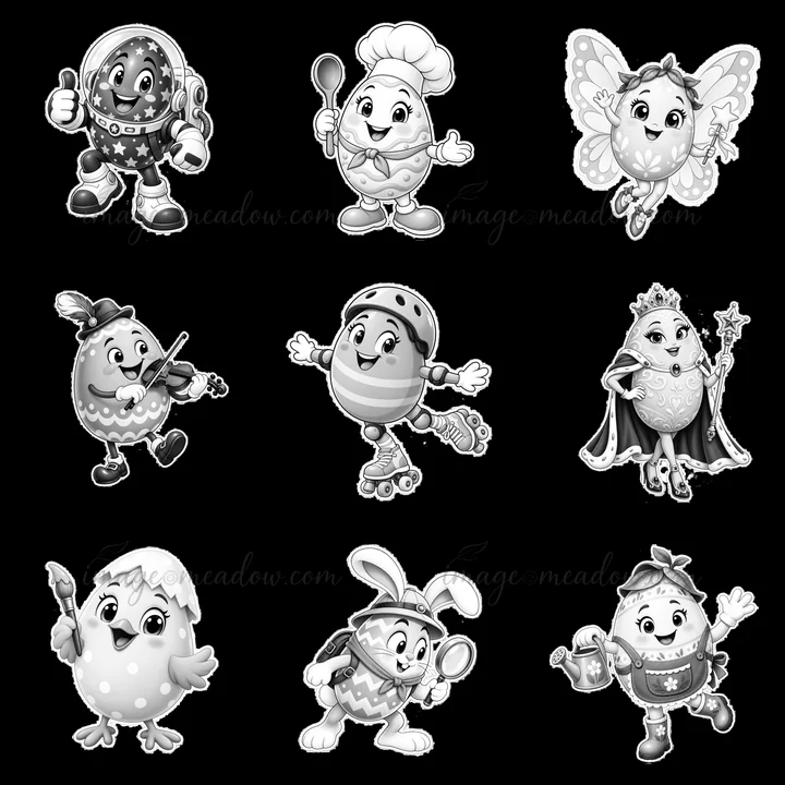 Nine Easter egg characters are shown in a 3x3 grid. Each character has a unique role, such as a chef, a fairy, and a musician. They all engage in various fun activities highlighting their playful nature.