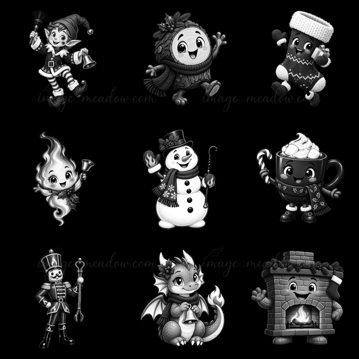 Nine cartoon stickers feature holiday characters celebrating by a fireplace. The characters include a snowman, an elf, a dragon, and more, showcasing joy and festive spirit in a Christmas setting.