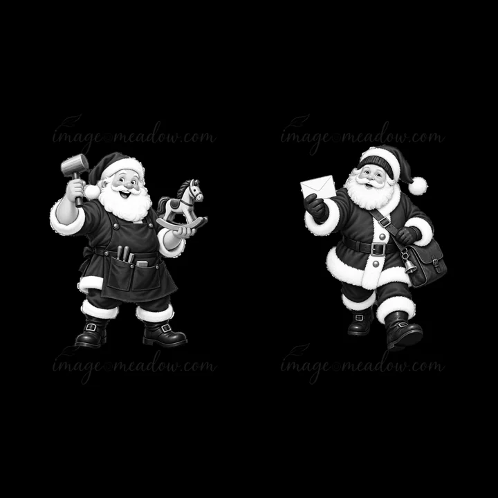 Two Santa Claus figures are shown in black and white. One Santa holds a toy horse and hammer while the other Santa carries a bag and an envelope, showcasing festive activities in December.