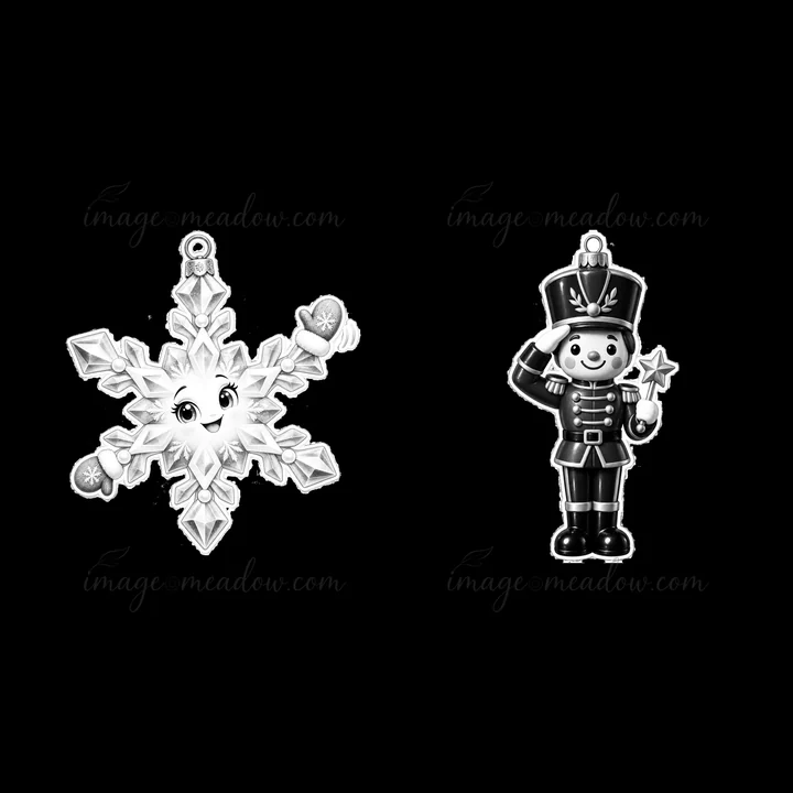 Two cartoon Christmas ornaments. There is a smiling snowflake with sparkling details and a toy soldier saluting. Both are designed in a monochrome style.