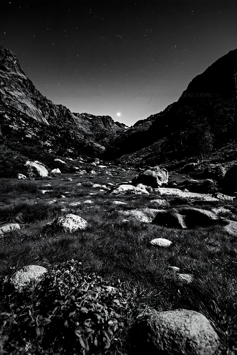 A meadow with rocks and grass is illuminated by moonlight. Mountains surround the area and a few stars are visible in the night sky. This scene captures the nat