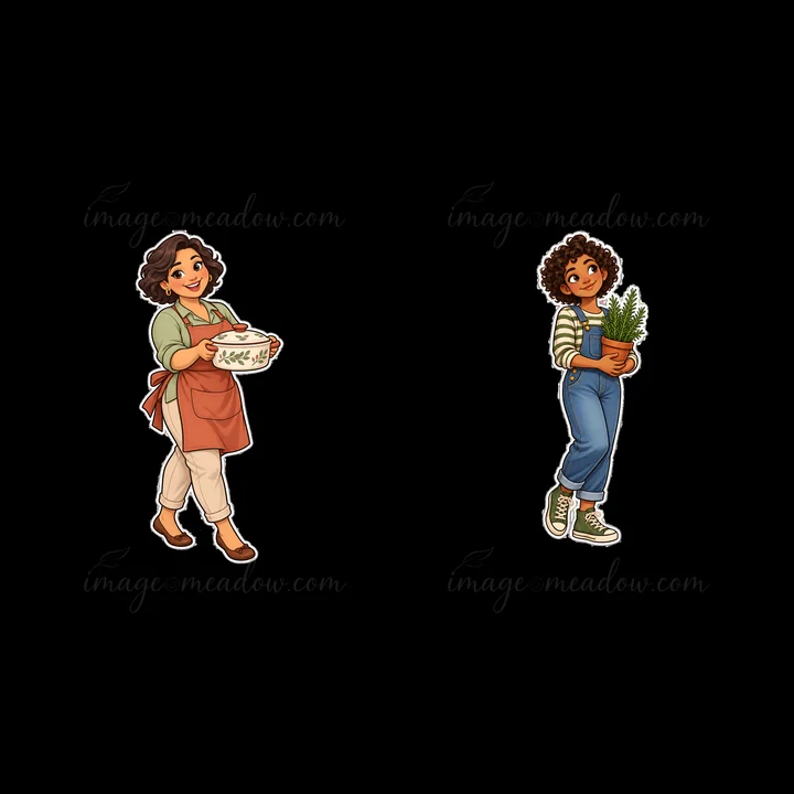 A mother and daughter are walking together. The mother carries a bowl of food while the daughter holds a pot with a plant. They are dressed in relaxed outfits s