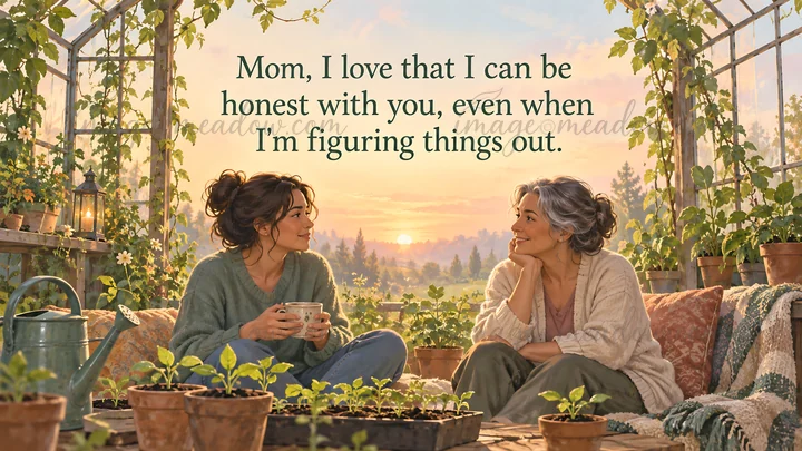 Illustrated greeting card with the message “Mom, I love that I can be honest with you, even when I'm figuring things out.” A mother and daughter talk among pott