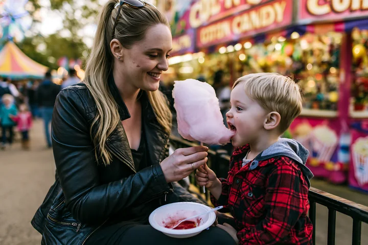 Mother and son eating cotton candy at a fair smile as they share a moment.
