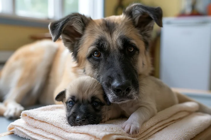 Mother dog resting beside one puppy on folded blankets in a softly lit indoor setting.