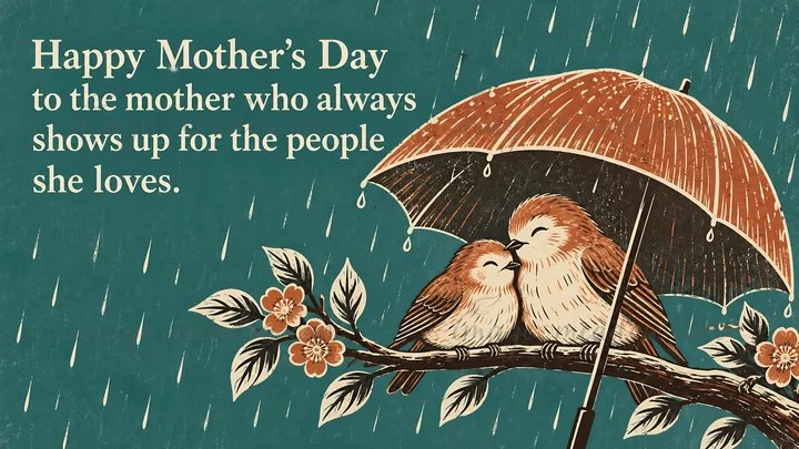 Vintage-style illustration of two birds nestled together beneath an umbrella in the rain, perched on a flowering branch beside a Mother's Day greeting.