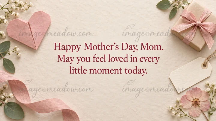 A cream textured greeting design with the message “Happy Mother's Day, Mom. May you feel loved in every little moment today.” Decorated with a pink paper heart,