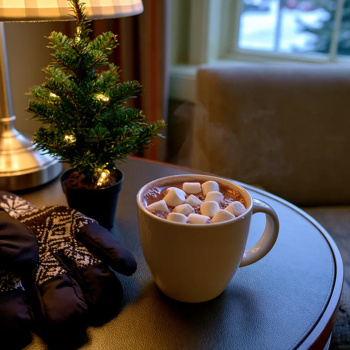 Mug of cocoa topped with marshmallows sits on a table beside a small lit evergreen tree.