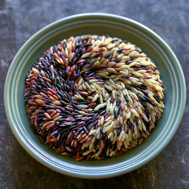 Multicolor rice grains forming swirl create an artistic arrangement on a round plate.