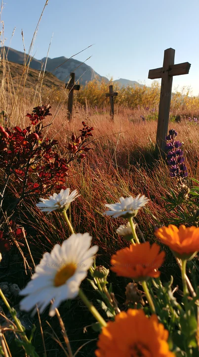Christian crosses stand in a quiet meadow during Christmas. Wildflowers bloom in the foreground, creating a natural landscape. The scene captures a moment of re