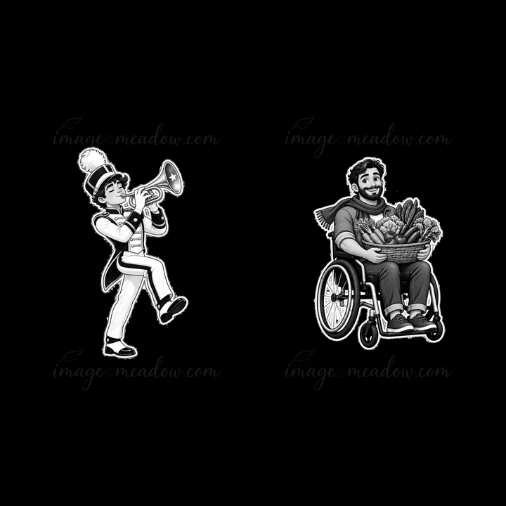 A musician in a suit plays a trumpet while a man in a wheelchair holds a basket of vegetables. The scene shows a celebration of talent and inclusion in a lively
