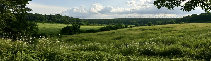 A wide view of a summer meadow in Nara with ferns in the foreground. The grass is bright green under a partly cloudy sky, showing an expansive natural setting.
