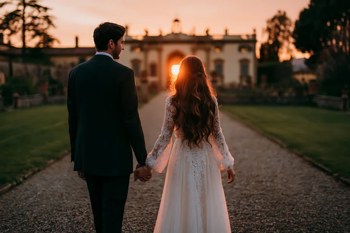 Newlywed couple holding hands as they walk through a church garden toward a building at sunset.