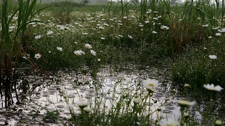 Dew-covered flowers and grasses are visible in the Niigata floodplain. Water pools form across the landscape, reflecting the vegetation and creating a rich natu