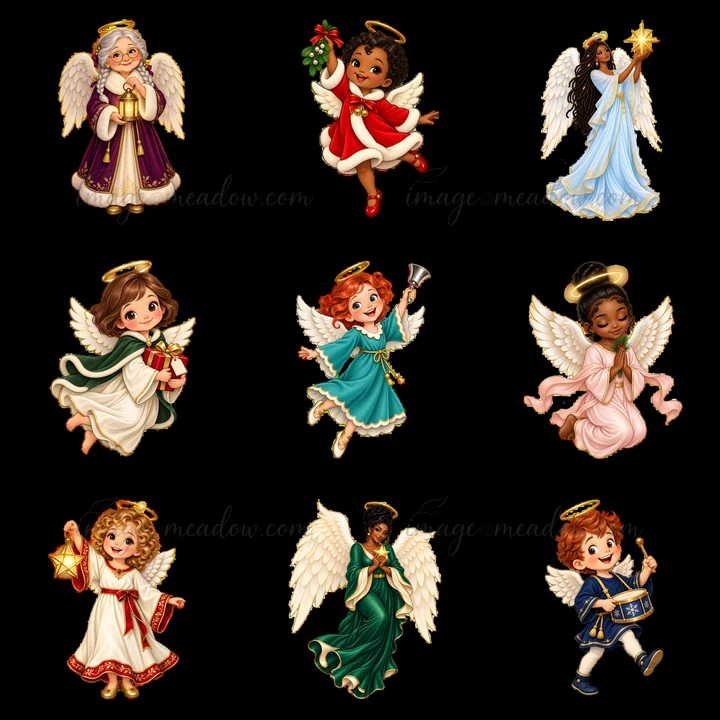 Nine cartoon angels appear in various colorful outfits, featuring activities such as holding gifts, playing instruments, and spreading cheer.
