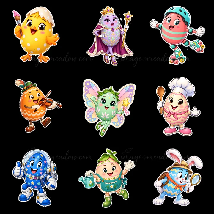 Nine cartoon Easter eggs each with a unique character engaged in various activities. The characters include a chick, a violinist, a fairy, and others in playful poses. Vibrant colors and fun designs celebrate Easter.