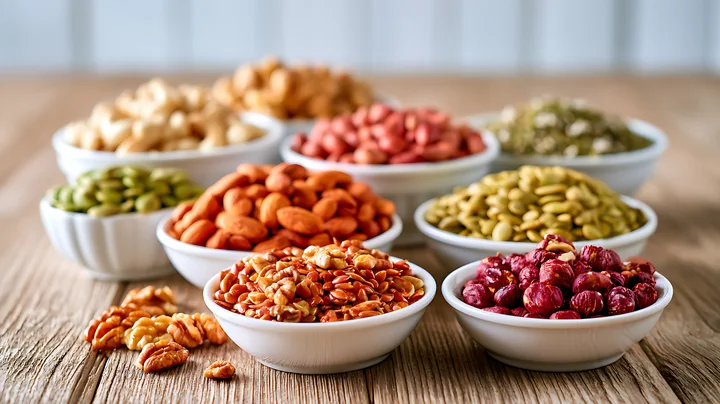 Nuts and seeds are arranged in small bowls on a wooden surface.