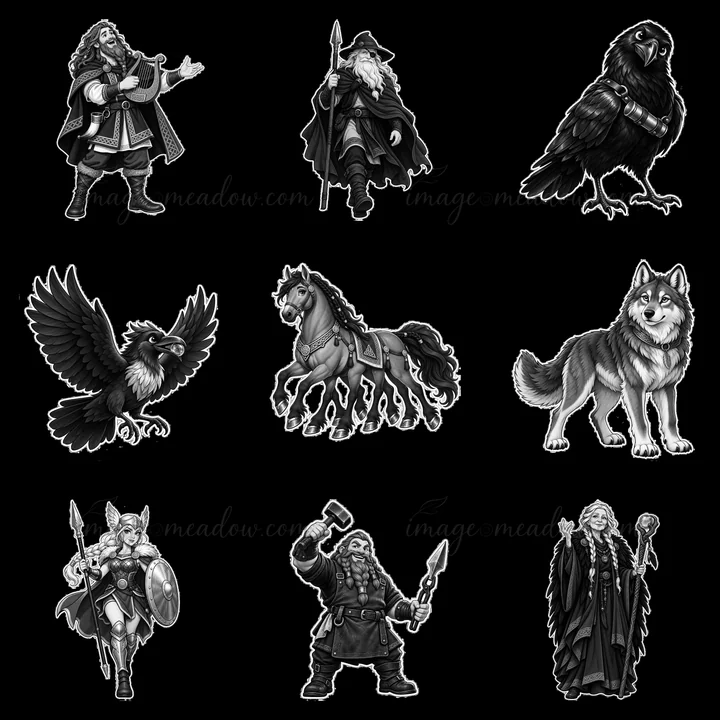 Odin stands central with a spear. Two ravens fly above him. A horse stands to the side. A wolf, a warrior with a shield, and a dwarf with a hammer complete the