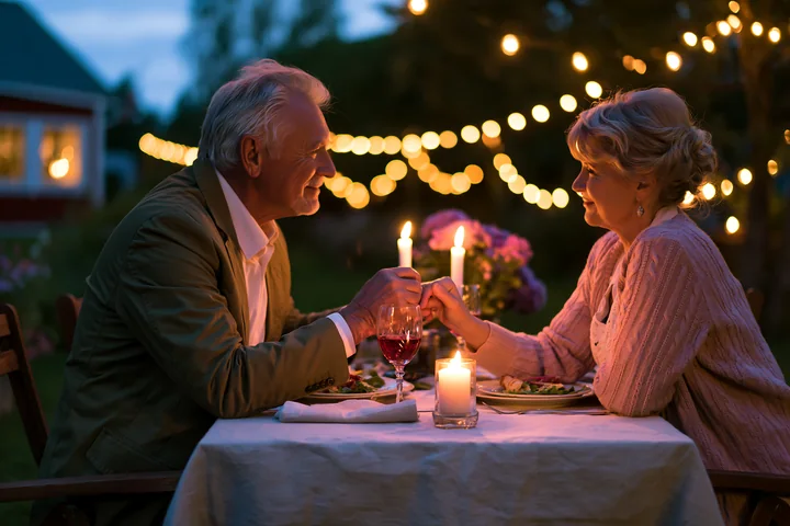 Older couple sharing a tender hand kiss at a candlelit outdoor dinner with string lights and flowers.