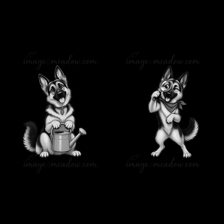 One German Shepherd dog holds a watering can while watering plants. The other German Shepherd dog stands on its hind legs, holding a magnifying glass. Both dogs