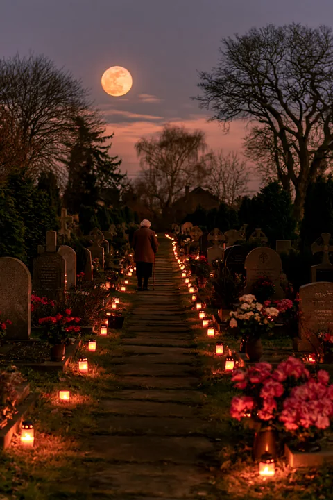 One person walks along a candlelit cemetery path beneath a full moon, surrounded by headstones, flowers, and trees.
