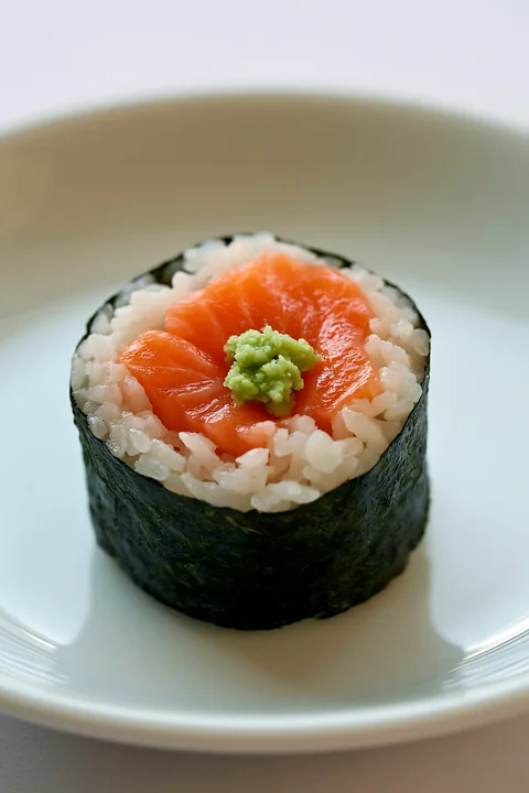 One salmon maki piece with wasabi is displayed on a white plate.