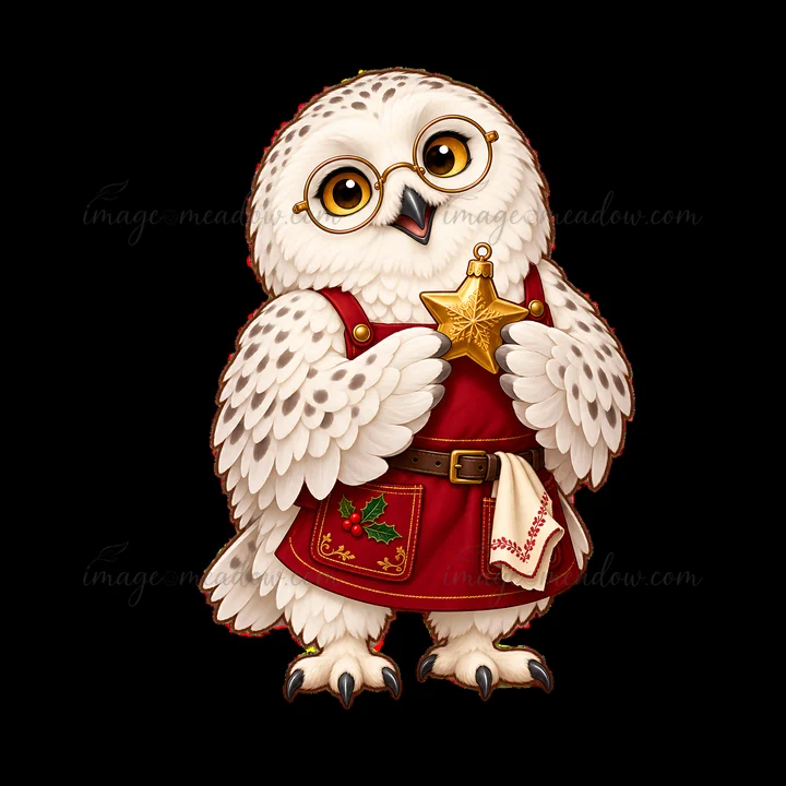 An owl is wearing a red outfit, holding a star ornament. The owl has large glasses and soft feathers, ready to decorate for Christmas. This festive scene captur