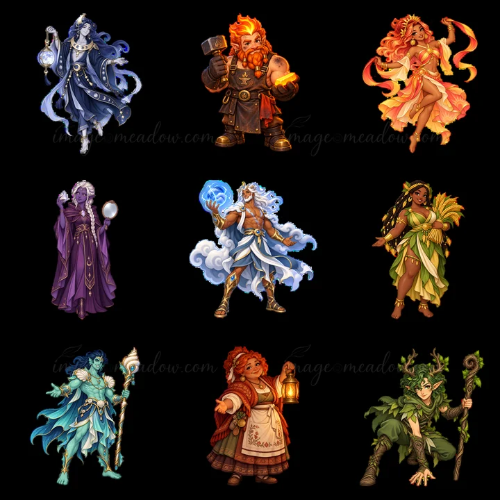 Nine cartoon stickers show different pagan gods and goddesses. Each character features unique colors and poses. The goddesses display various elements like fire