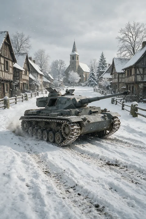 Panzer tank moves through a snowy village street with timber-framed houses and a church in falling snow.