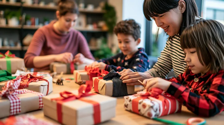 Parents help two children wrap presents at a table covered with colorful gift boxes and ribbons.