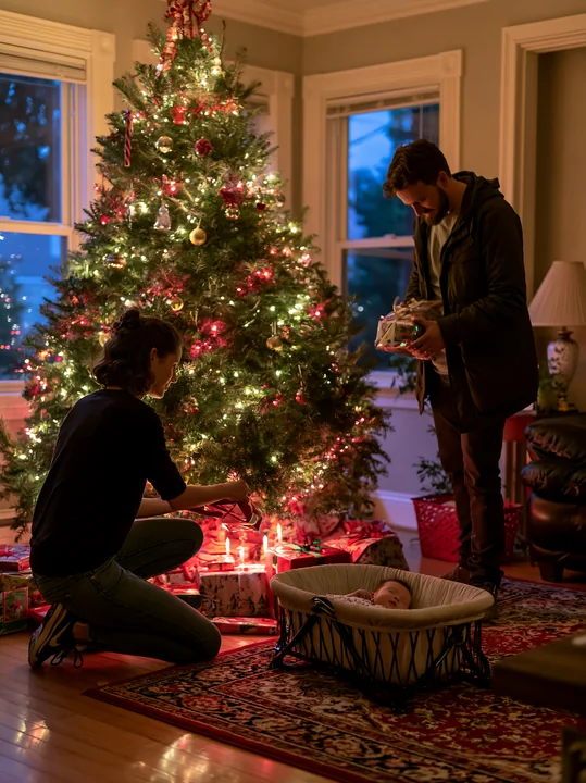 Parents place wrapped gifts beneath a lit Christmas tree while their baby rests nearby in a warm home.