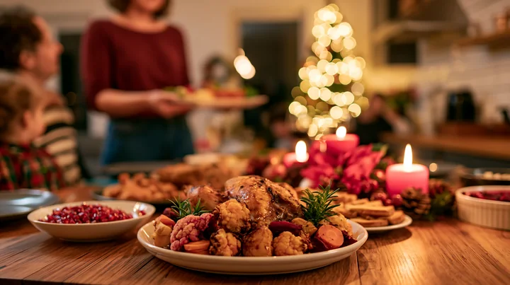 Parents serve Christmas dinner at a cozy home setting filled with decorations.