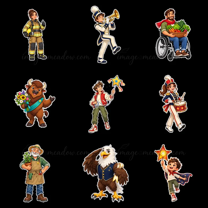 A group of diverse characters shows support for patriotism in various roles. Each character is engaged in different activities that showcase community spirit, p