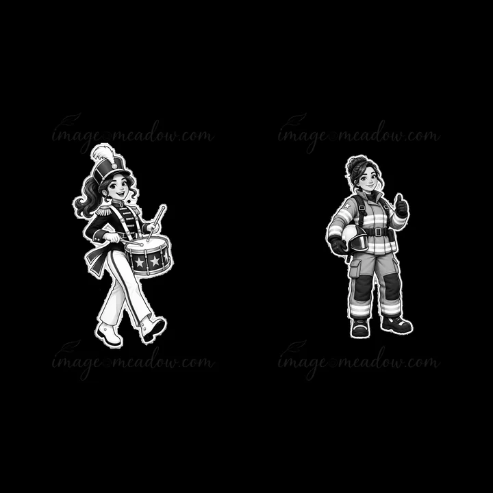 This illustration features two cartoon characters: a drum player in a patriotic outfit and a firefighter giving a thumbs-up. They represent bravery and festive
