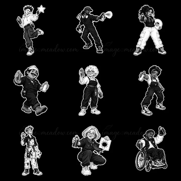 Nine cartoon characters are spraying graffiti in a bold display. Each character represents a unique style and pose, showcasing creativity and energy. The scene