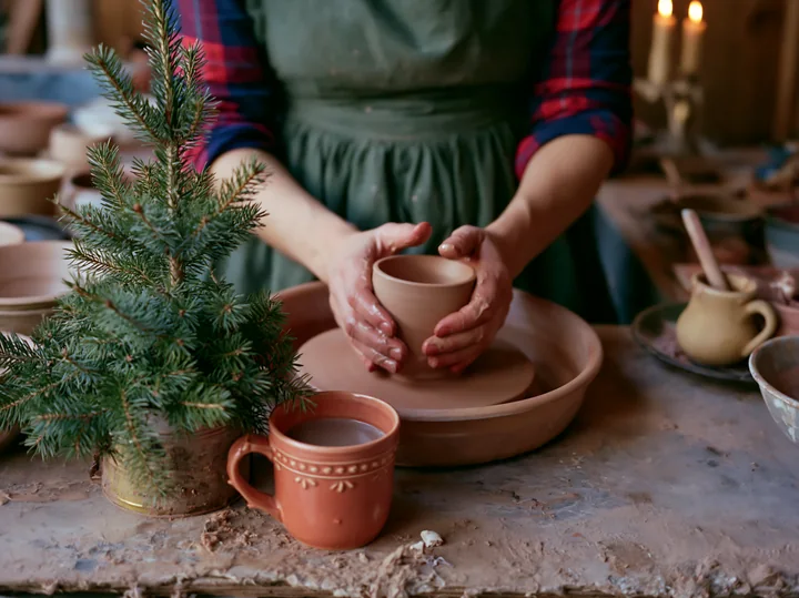 Person holds a ceramic mug beside a small evergreen tree on a rustic table with candles and pottery.
