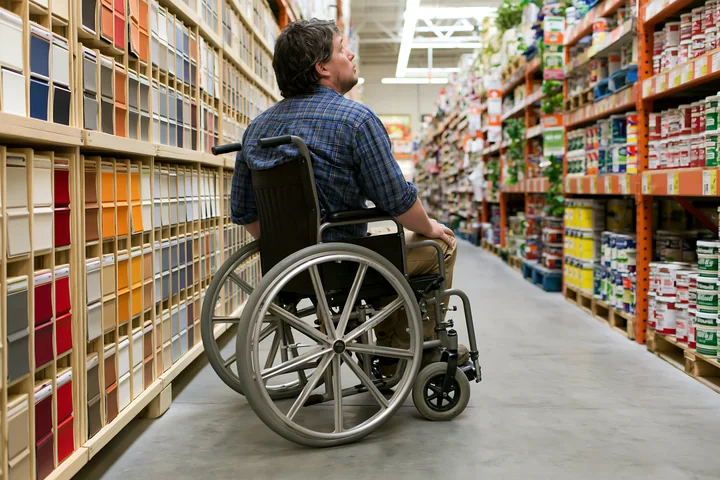 Person in a wheelchair browses a brightly lit store aisle filled with colorful merchandise.