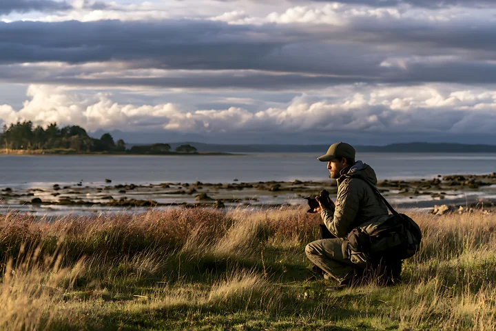 Photographer kneels in a seaside meadow beside a rocky shore beneath dramatic clouds.