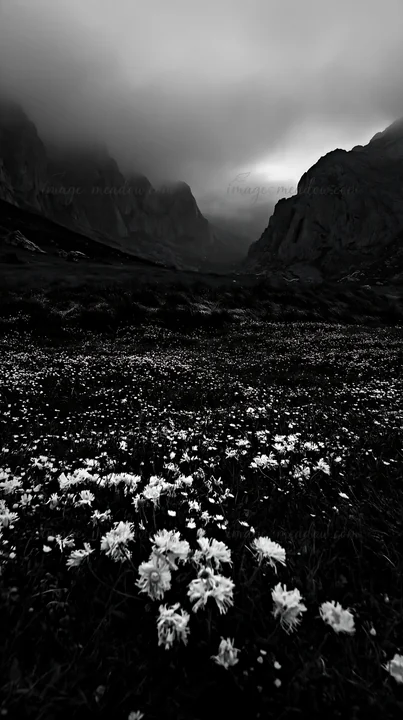 A meadow in Picos de Europa shows flowers under sunrays. Mountains rise in the background with clouds. The scene captures natural beauty in a remote area of Spa