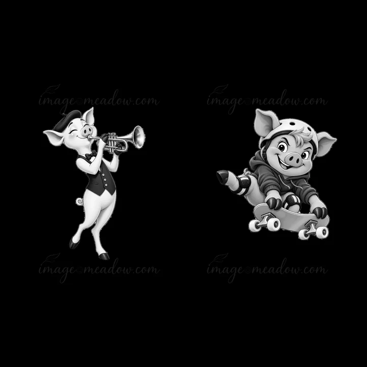 One pig in a vest plays a trumpet while the other pig rides a skateboard. The scene shows both pigs engaged in fun activities, highlighting their joy and energy