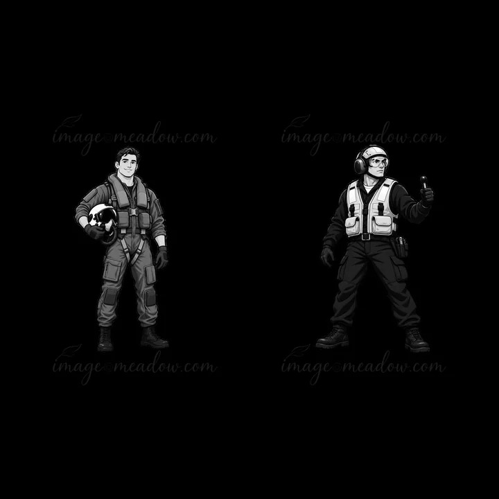 Two cartoon figures depict a pilot holding a helmet and a crew member signaling on an aircraft carrier. The design is in black and white, showcasing their roles