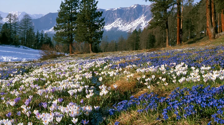 A meadow in a pine forest showcases vibrant flowers on the ground, with mountains visible in the background and snow patches remaining in early spring.