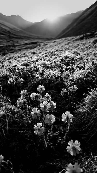 Flowers bloom in a meadow during sunset. The scene shows a field filled with pink campion, surrounded by mountains in the background. The light creates shadows