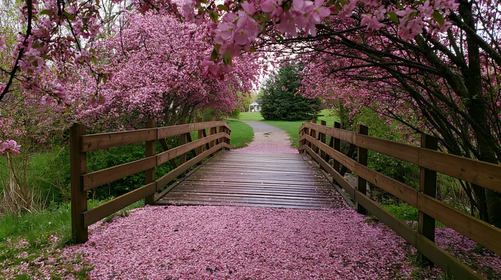 Pink flowering trees arch over a wooden footbridge and path covered with fallen petals in a landscaped garden.