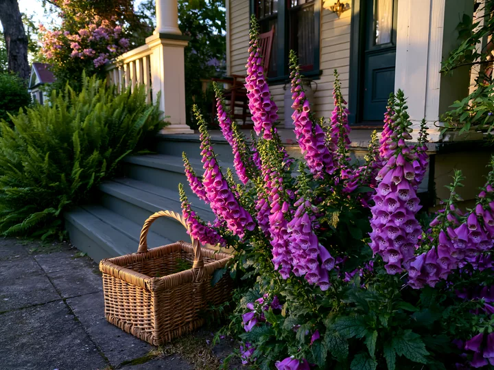 Pink foxglove flowers bloom beside a cottage porch, with ferns, steps, and a wicker basket.