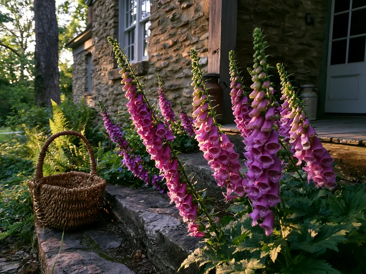 Pink foxglove flowers bloom beside a rustic stone cottage entrance, with a woven basket and ferns nearby.