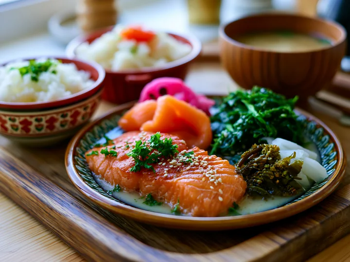 Plated sliced salmon with greens, vegetables, rice, and soup on a wooden table.