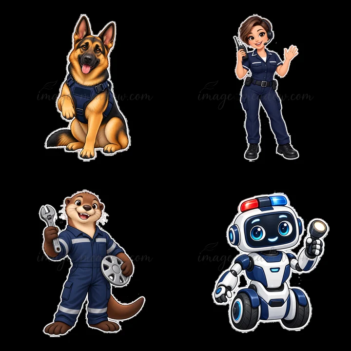 Four cartoon stickers feature a police dog, a female officer with a radio, a male otter holding tools, and a robotic character with a flashlight. The characters