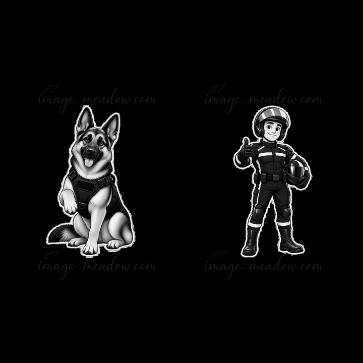 A cartoon dog in a vest is sitting next to a cartoon police officer giving a thumbs up. Both characters are depicted in a black-and-white style suitable for sti
